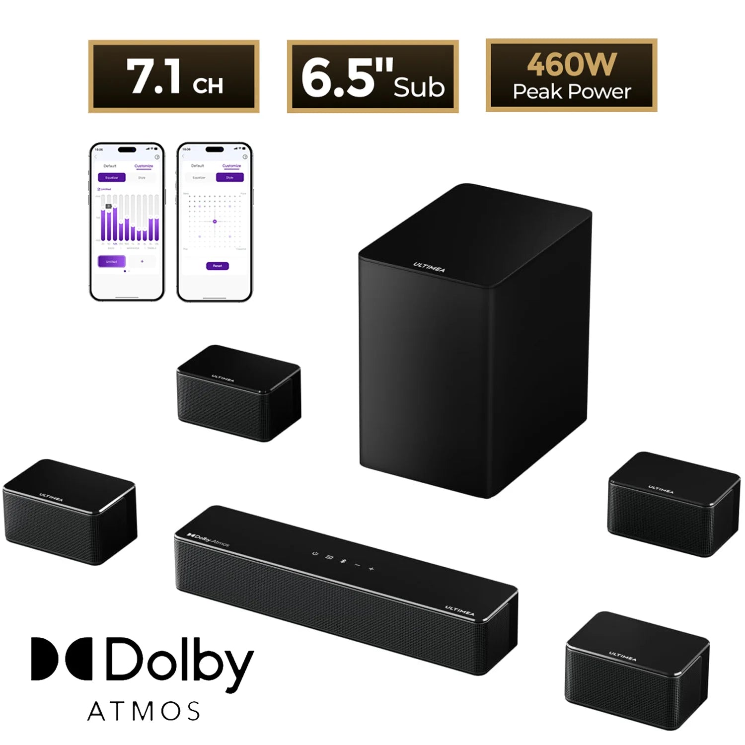 ULTIMEA Poseidon D80 Boom 7.1ch 500W Dolby Atmos Soundbar, Wireless Subwoofer & 4 Surround Speakers, Home Theater TV,APP Control