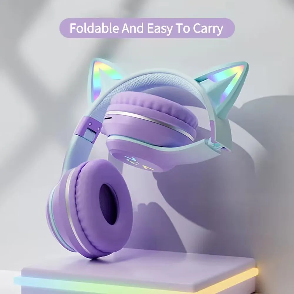 GRB Glow Gaming Headset Gamer Stereo Bass Cat Ear Wireless Earpods Bluetooth Earphones TYPE-C Cable Headphones Blutooth Handfree
