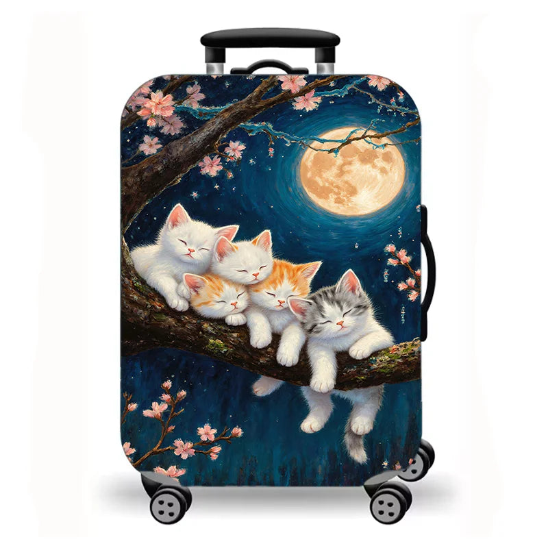 Luggage Cover, Cute Cat Kitten Floral Starry Night Print Stretch Suitcase Protector, Washable Anti-Scratch Travel Baggage Cover