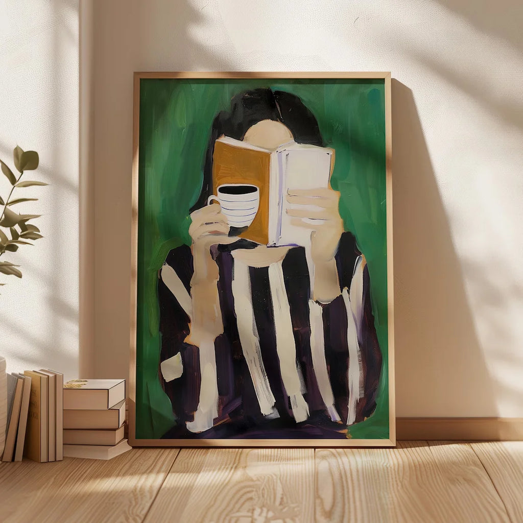 Reading Woman Art Print | Book Poster | Feminine Cozy Wall Art | Bold Orange Art Print | Abstract Contemporary Portrait Art