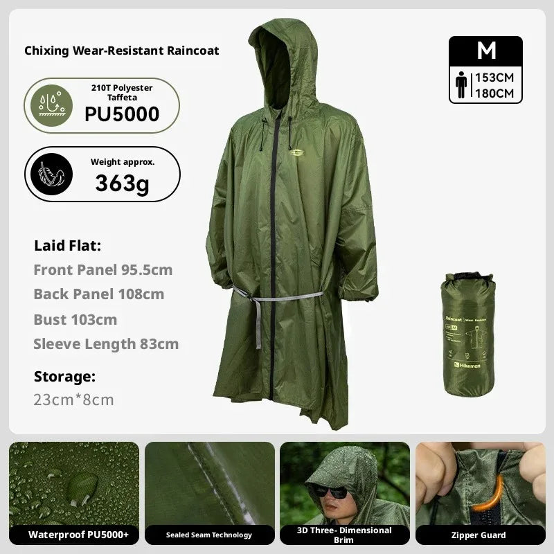 Lightweight Long Outdoor Raincoat PU5000 Waterproof 210T Polyester Poncho Adjustable Hood Fits Backpack Hiking Camping Fishing