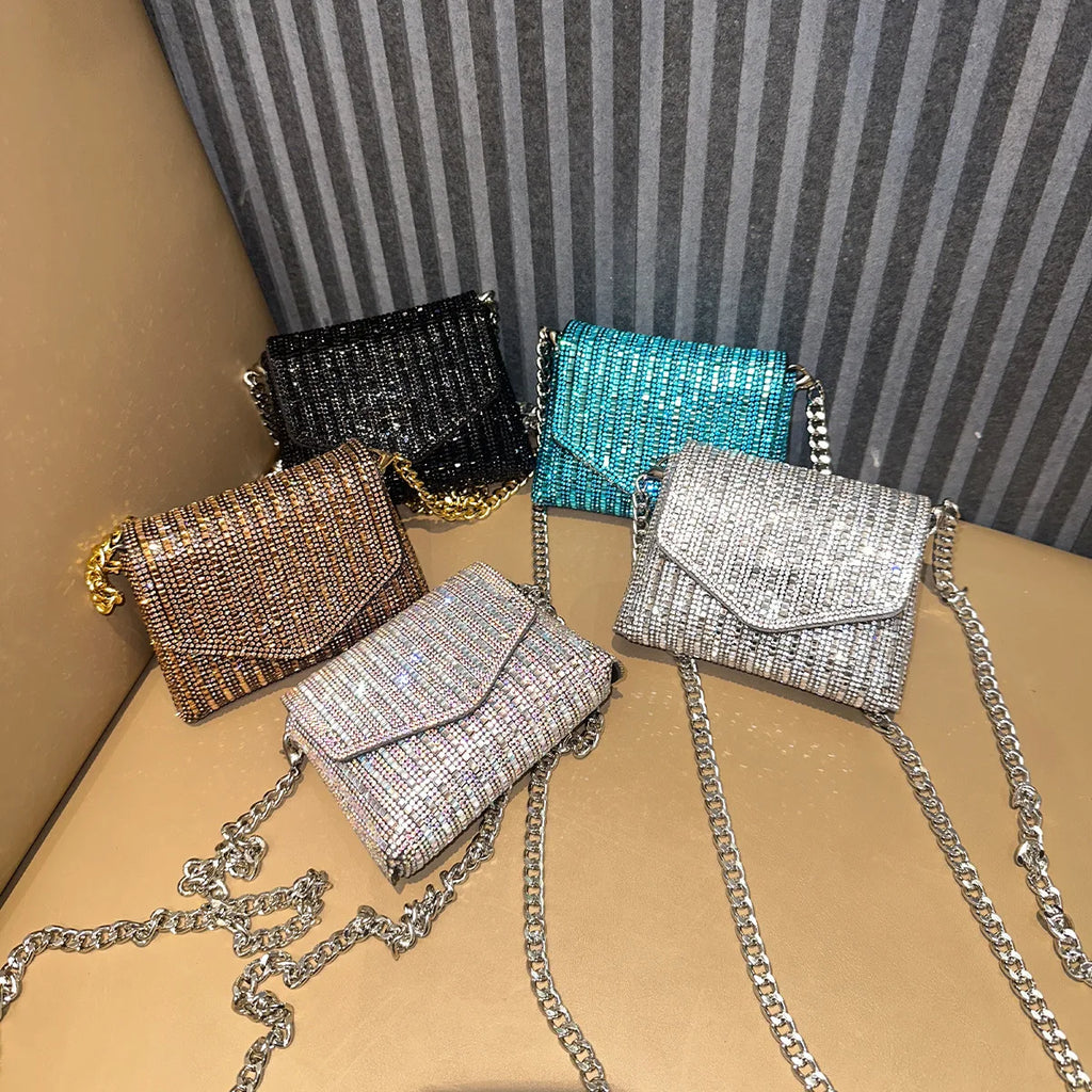 JIOMAY Rhinestones Bag for Women 2024 Mini Purses and Handbags Clutch Wallets Ladies PU Leather Chain Party Evening Shoulder Bag