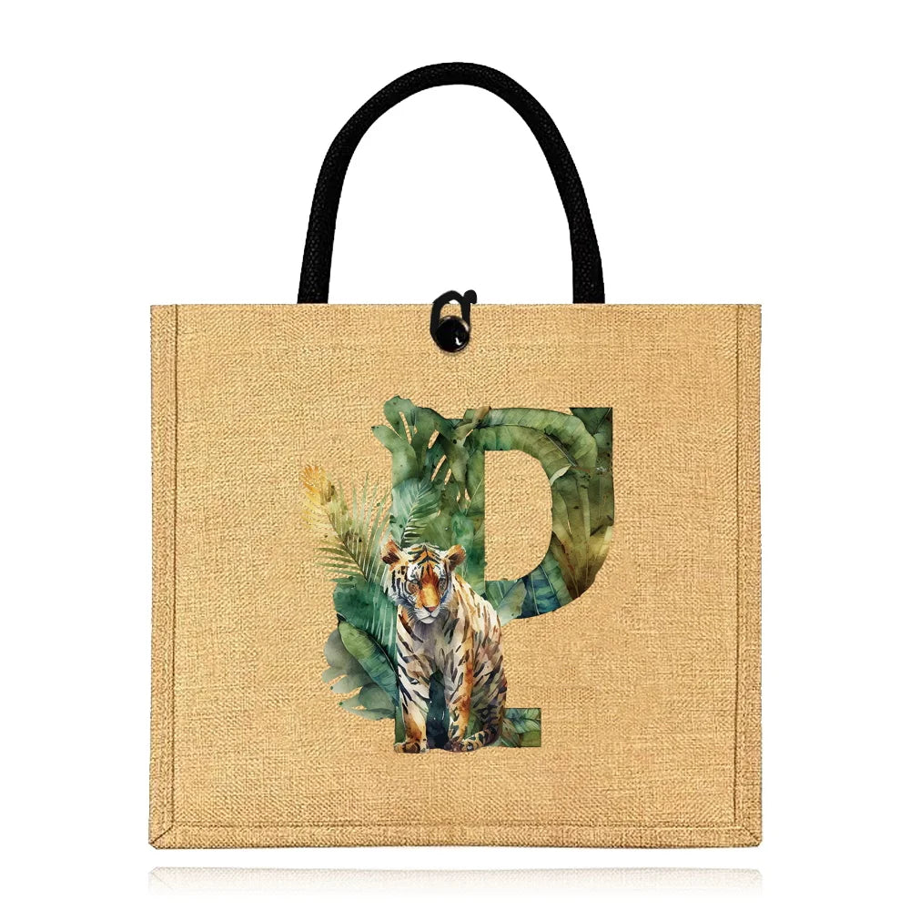 Flax Bag Fastener Handbag Organizer Storage Jute Tote Bags Imitation Cotton Women Valise Portable Jungle Tiger Printing Series