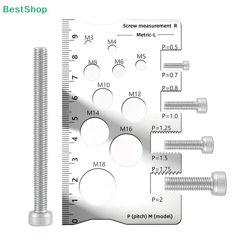 ✍Stainless Steel Screw Thread Gauge, Metric Bolt Size & Pitch Measuring Tool with Built-in Ruler (M3-M18, P=0.5-P=2)