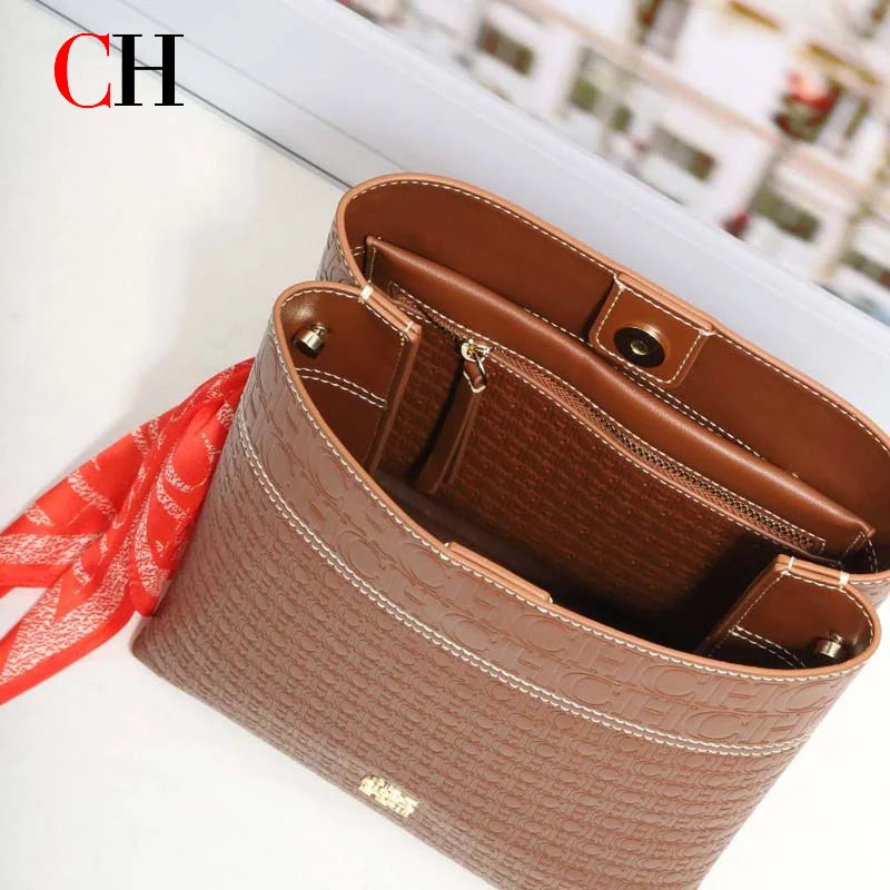 CH Bucket Bag Women Luxury Crossbody Bag Large Capacity Leather Shoulder Handbag With Silk Scarf Vintage Daily Commute Handbags
