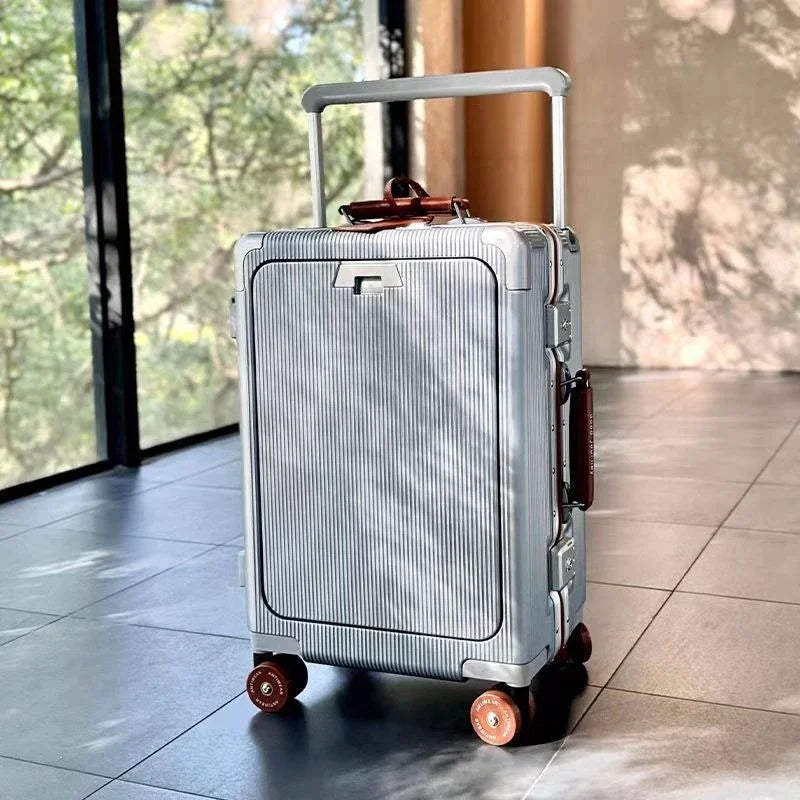 Front opening luggage with aluminum frame, ice skating wheel, leather suitcase, pull rod suitcase, women's suitcase, small suitc