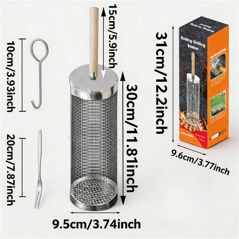Stainless Steel Rolling BBQ Grill Basket, Wooden Handle Rotatable Mesh Barbecue Tube For Outdoor Camping Grilling