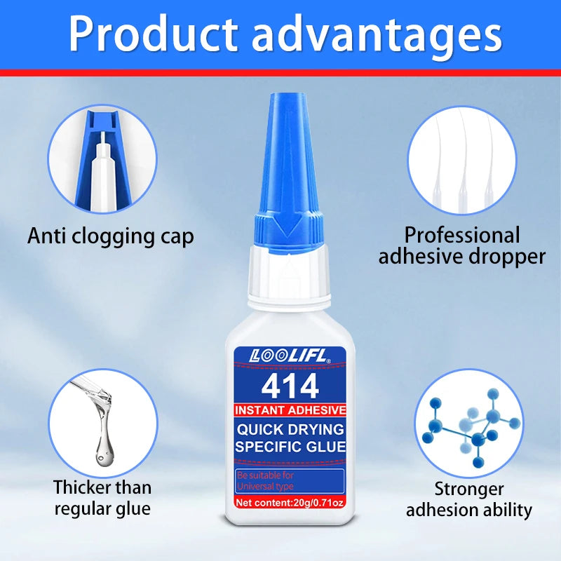 New 414 strong glue, 10 seconds bonding, waterproof, odorless, suitable for plastic, wood, metal, ceramics. Widely used.