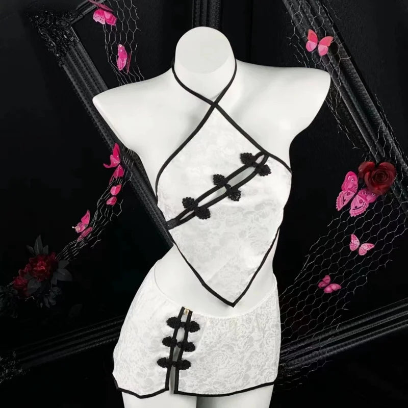 Sleeveless Two-piece Set Temptation Flirtatious Sexy Lingerie Chinese Style Neck Hanging Cheongsam Backless Lace Short Skirt Hot