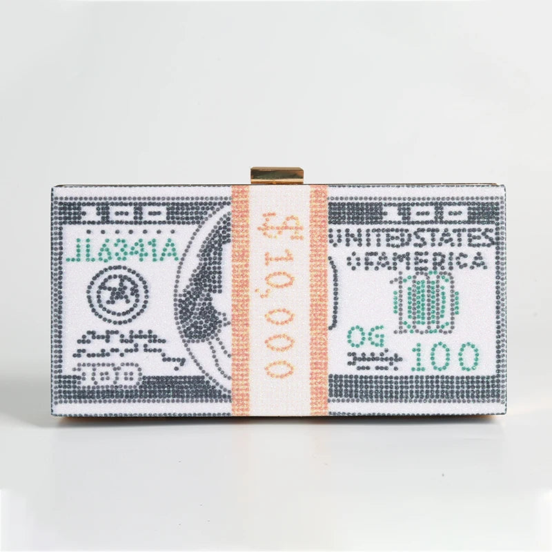 Luxury Money Clutch Rhinestone Purse 10000 Dollars Stack of Cash Evening Handbags Shoulder Wedding Dinner Bag Wallet