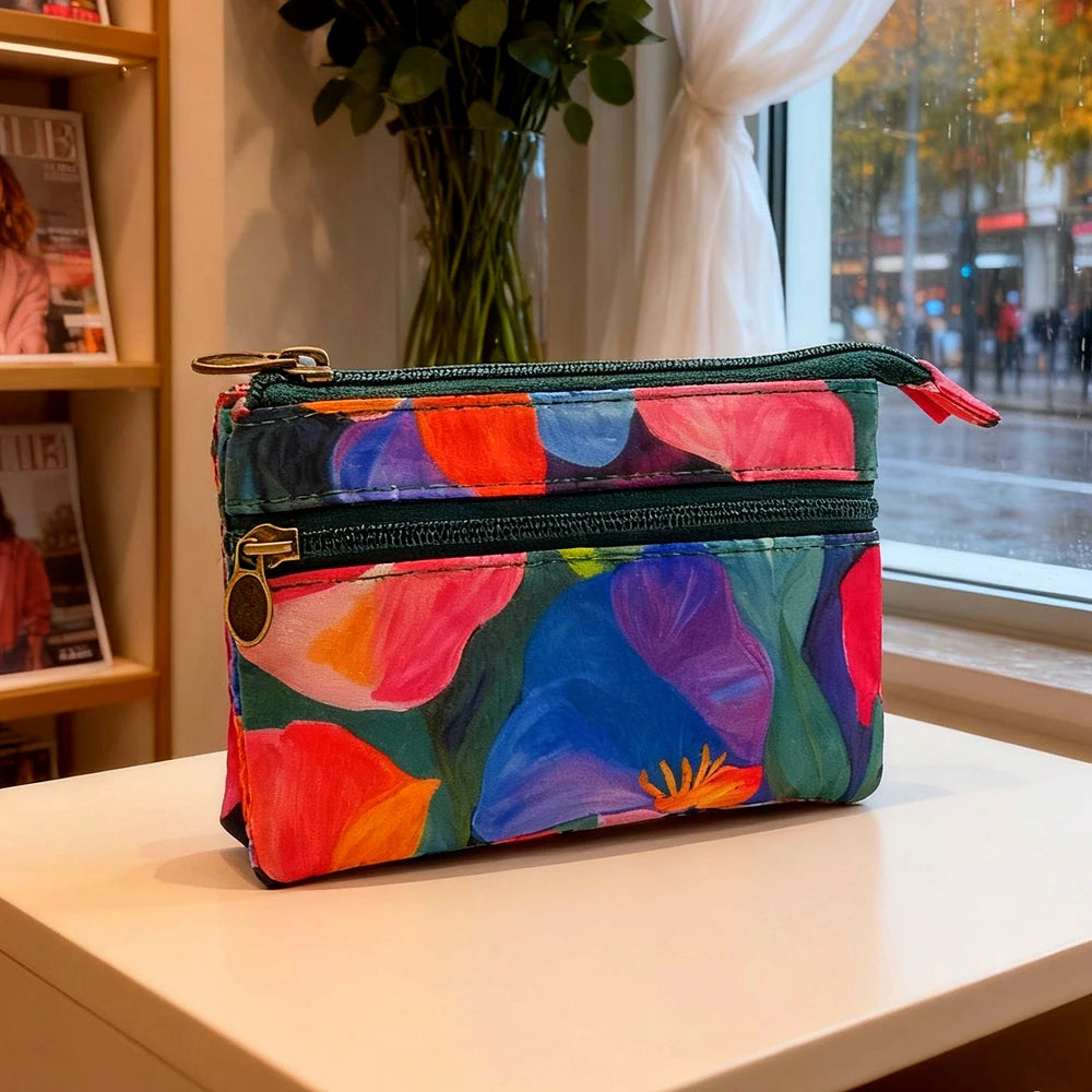 Women's short purse with cotton fabric printed design, light and fresh style, card holder, coin holder, student's small wallet