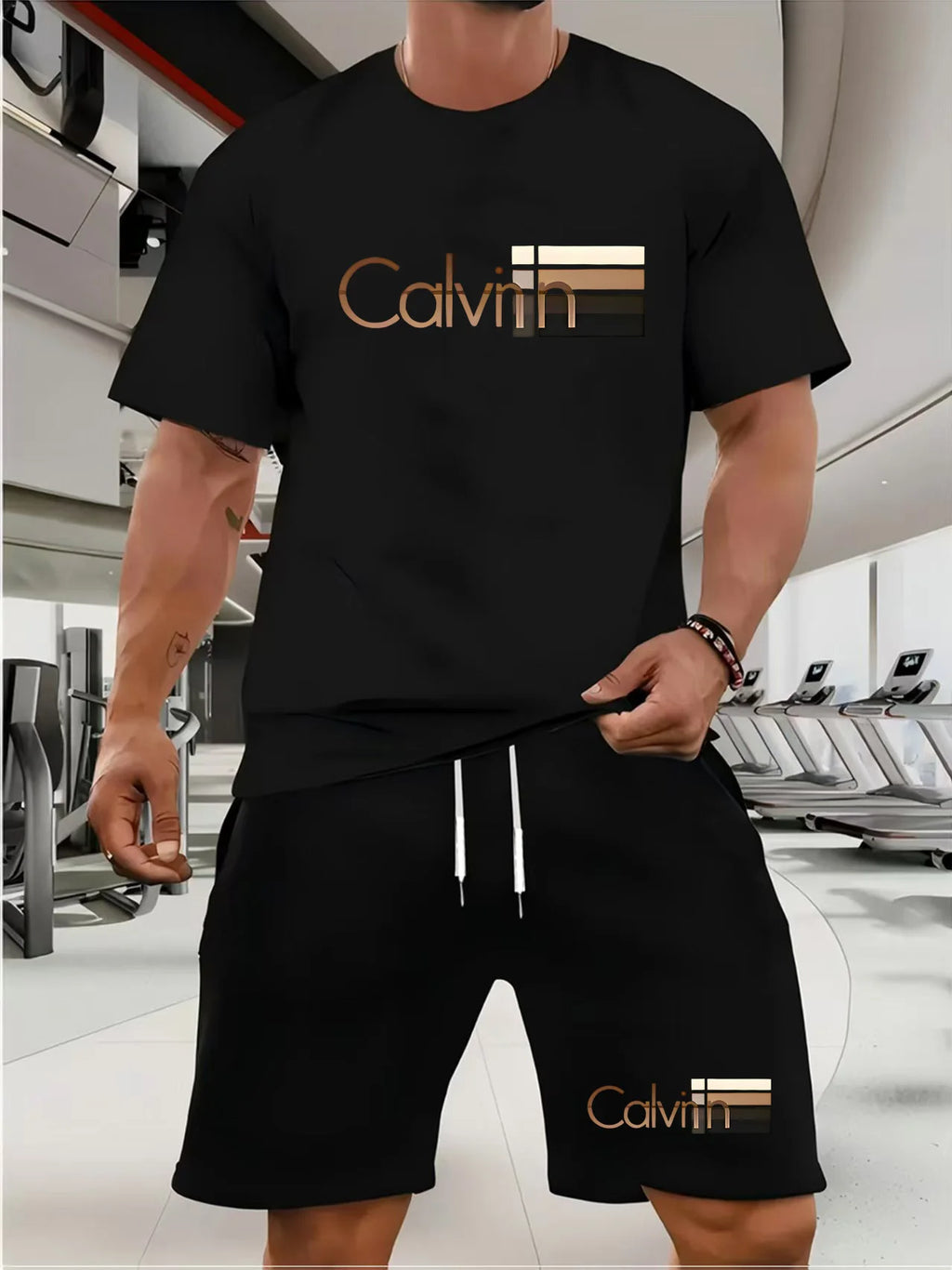 Men's T-shirt and shorts set summer casual loose and fashionable Calvin letter print comfortable round-neck short-sleeved T-shir