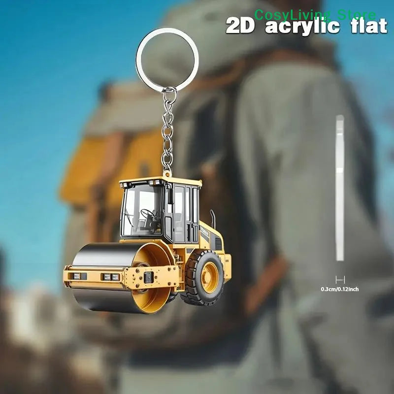 Lightweight Key Ring Pendant Party Gift Forklift Tractor Construction Truck Cartoon Roller Model Car 2D Flat Excavator Keychain