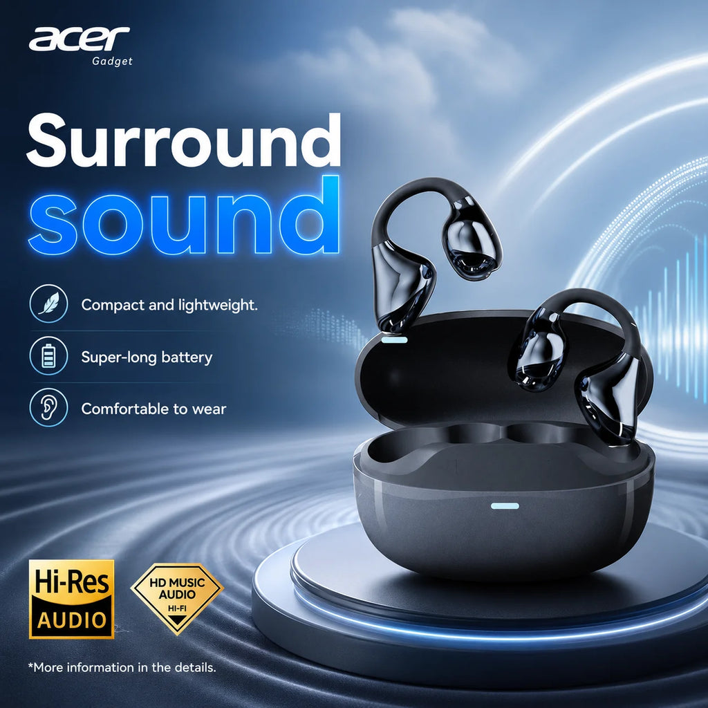 Acer OHR629 Open Ear Clip Headphones Comfortable Wear Hi-Res Audio Wireless Bluetooth 5.3 Earbuds with Mic