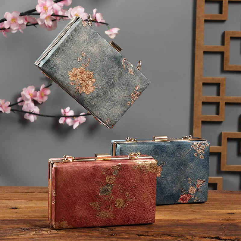 Fashion Women Embroidery Evening Bags Silk Clutch Purse for Bride Chain Shoulder Laides Case Top Handle Wedding Party Handbag