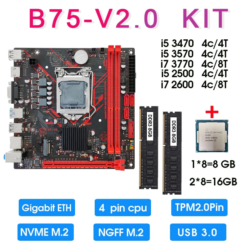 B75 Mini ITX Motherboard Set Kit 3470 3570 3770 2500 2600 CPU and 16GB DDR3 1600MHz Memory Kit Completo B75 TPM 2.0 PIN USB 3.0