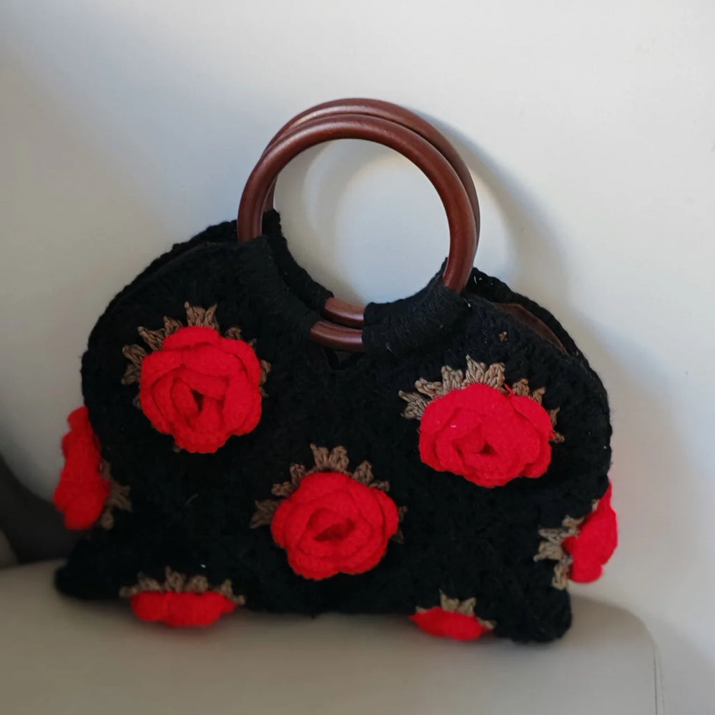 Handmade Crochet Rose Bag | Boho Floral Handbag with Wooden Handles | Summer Casual Tote
