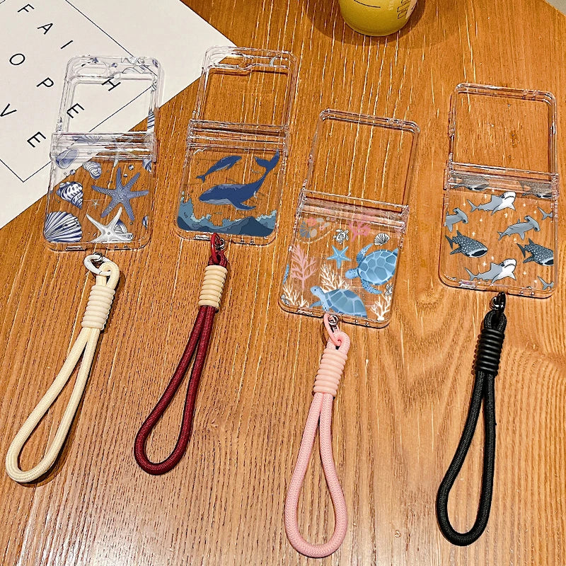 Shark Turtle Print Lanyard Phone Case For Samsung Galaxy Z Flip 8 7 FE 6 5 4 3 5G Folding Hard Clear Cover For Samsung Z Flip7 6