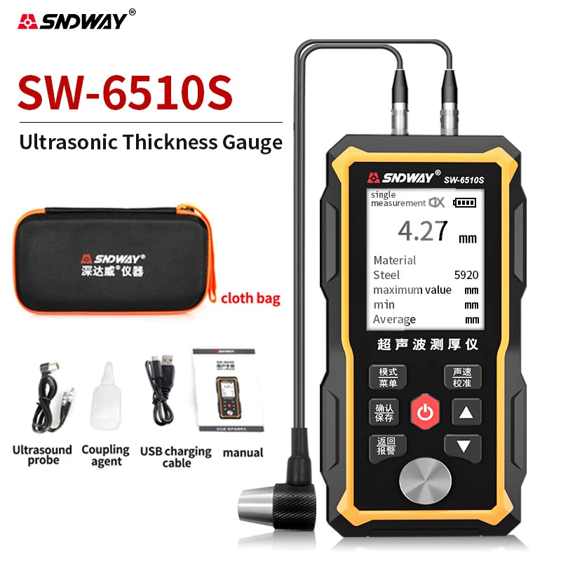 Ultrasonic Thickness Gauge Plastic Glass Ceramics Metal Steel Plate Stainless Steel Pipe Wall Thickness Tester SNDWAY SW-6510S