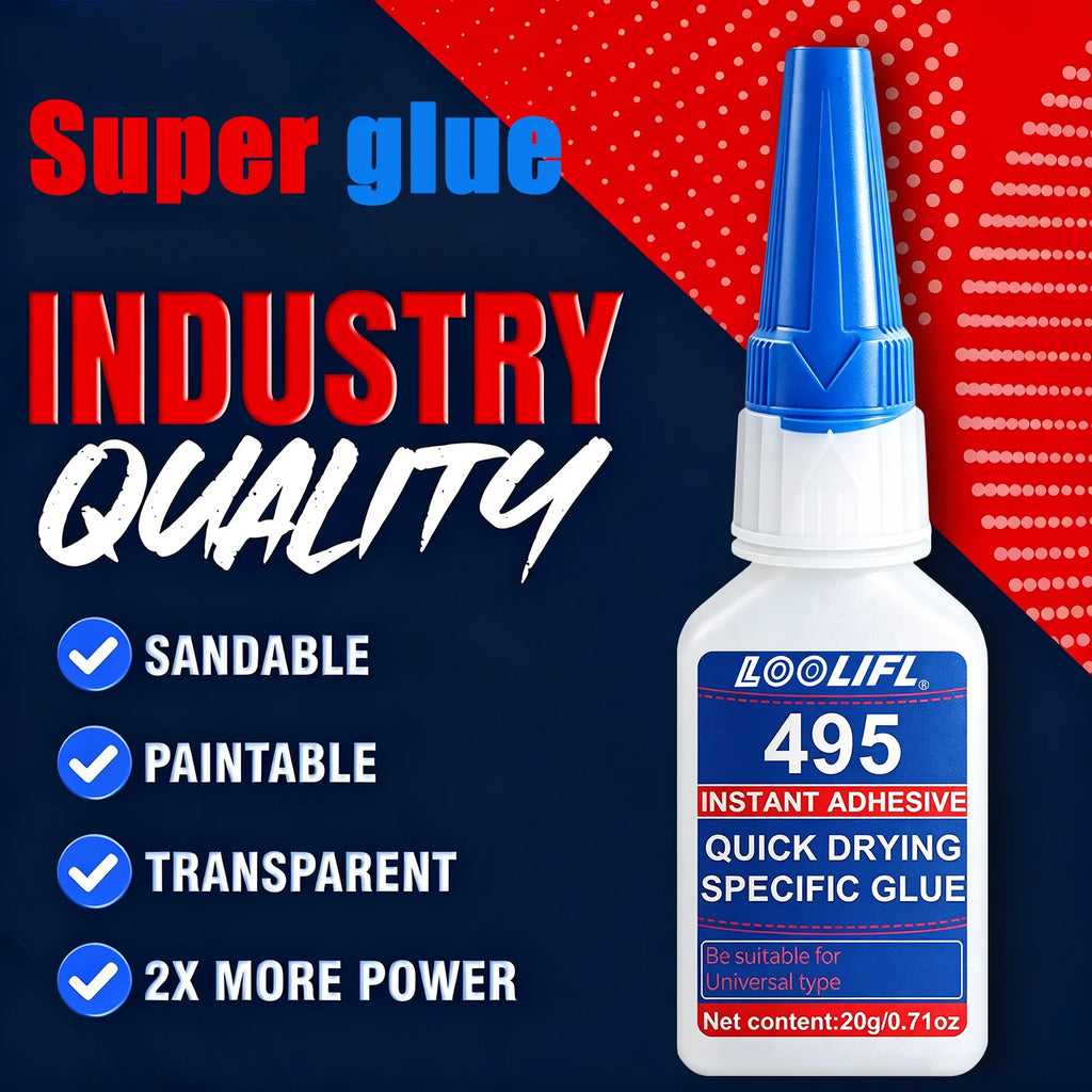 Loolifl 495 Instant Super Glue 20Gl Quick Drying Cyanoacrylate Adhesive for Metal Plastic Ceramic Wood Leather Rubber DIY Repair