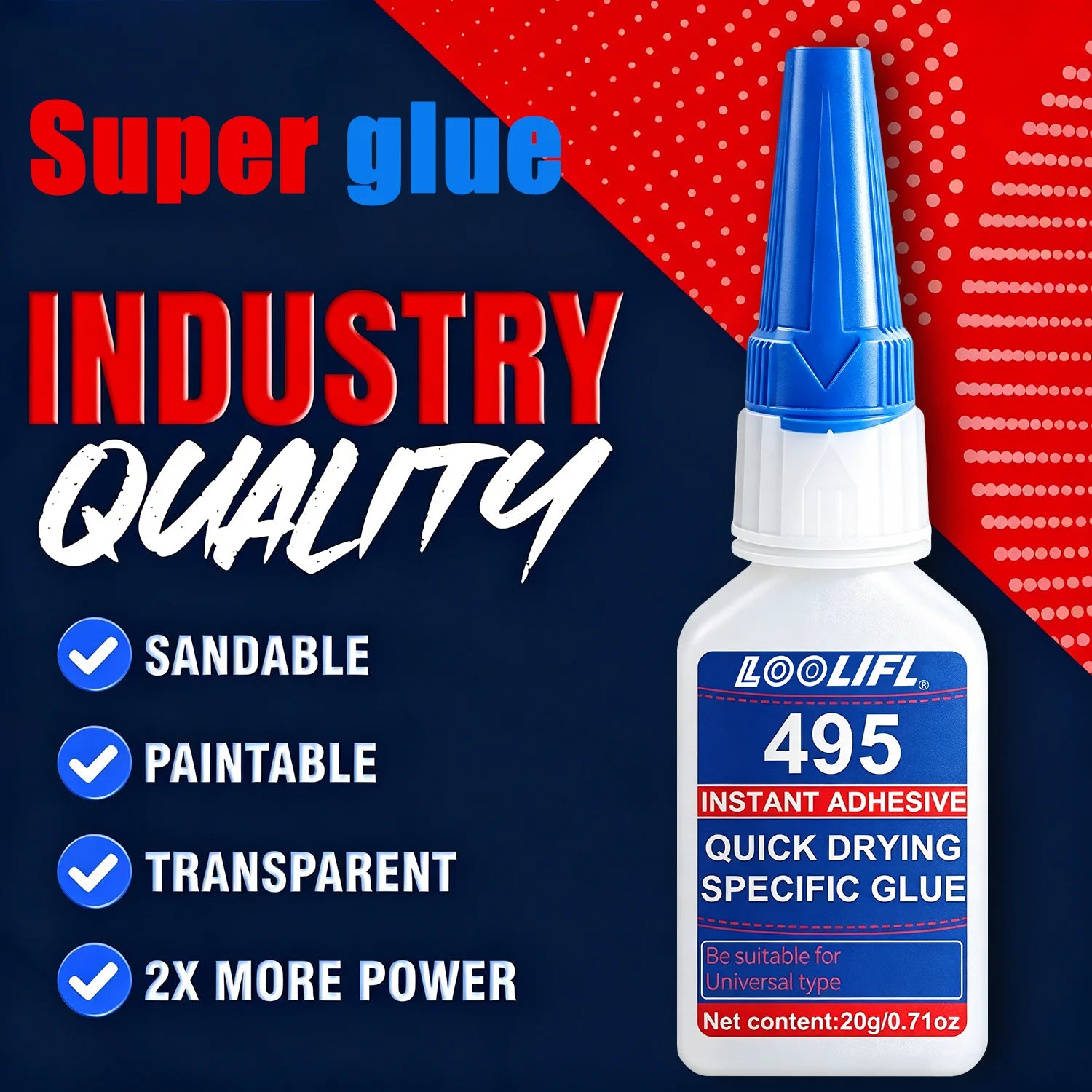 Loolifl 495 Instant Super Glue 20Gl Quick Drying Cyanoacrylate Adhesive for Metal Plastic Ceramic Wood Leather Rubber DIY Repair