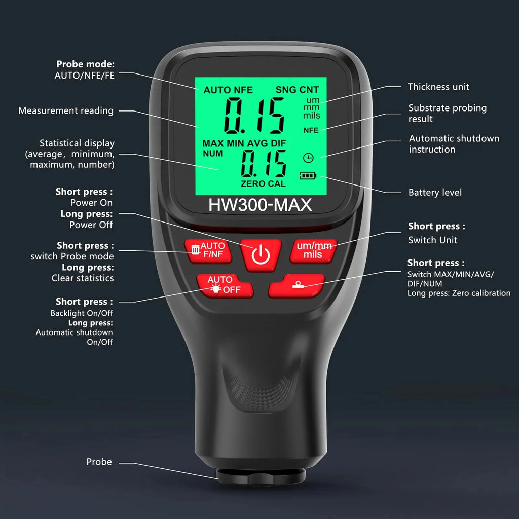 1Set HW300-MAX Coating High Precision Thickness Gauge Large Range Thickness Detection Paint Film Instrument