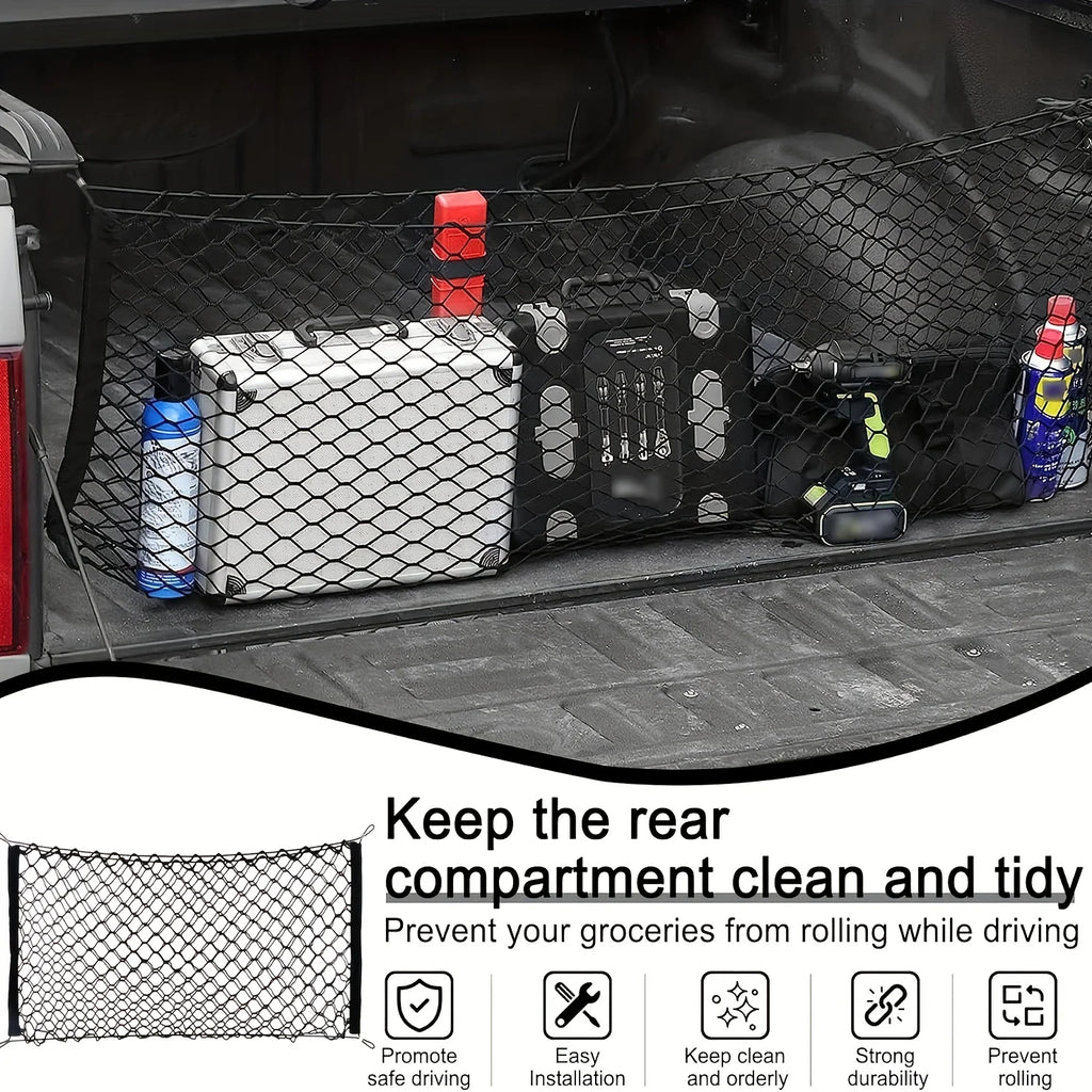 The Car Trunk Storage Net with Extendable Hooks and Nylon Material Is Convenient for Organizing and Can Safely Store Items