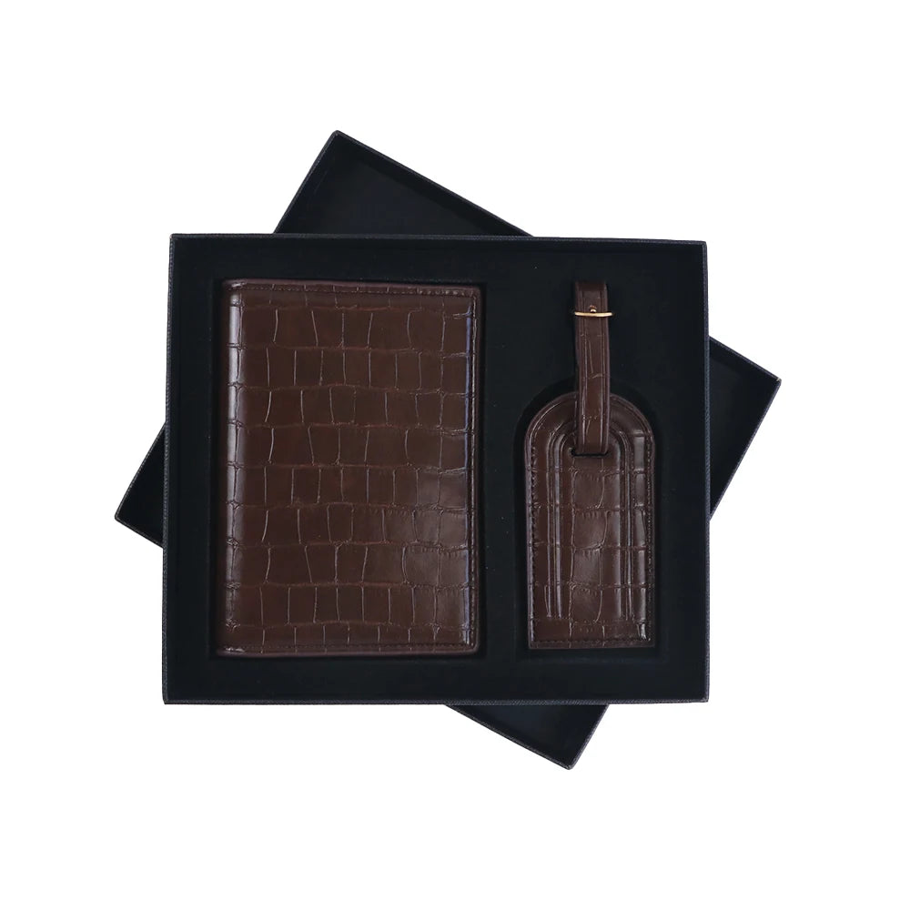 Customized Name PU Leather Crocodile Skin Pattern Luggage Tag + Passport Holder Gift Box Bag Accessories