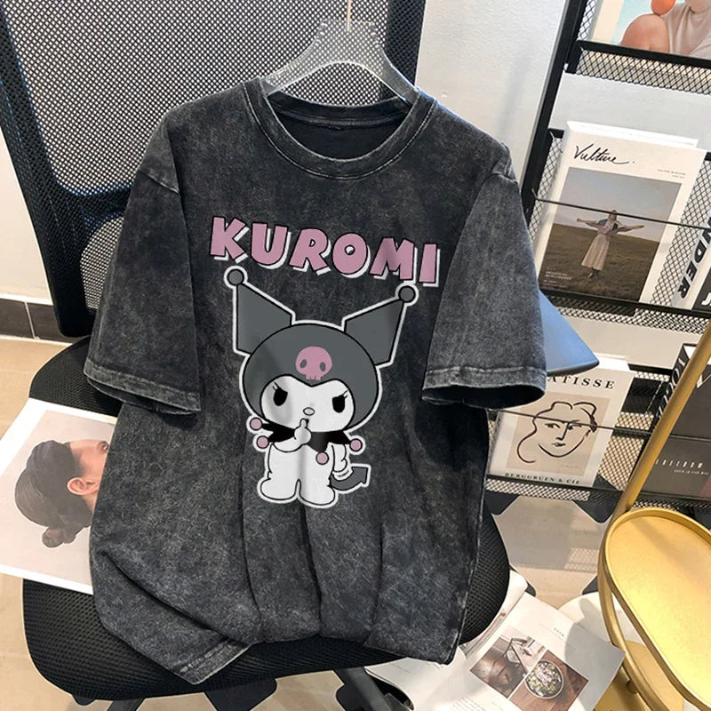 Kuromi Summer New T-Shirt Men and Women American Retro Washed Cotton Loose Distressed Short-Sleeved T-Shirt Tops Cartoon Print