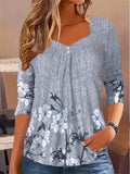 Women's east waist shirt, fashionable button print long-sleeved regular top, square neck casual spring and autumn clothing