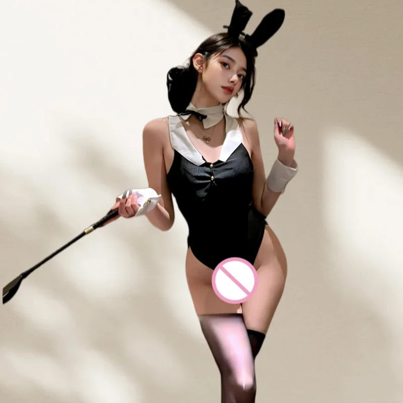 New Bold Elastic Elegant Slit Sexy and Pure Desire One-piece Lingerie Cute and Sweet Bunny Uniform Bodysuit Off-shoulder Deep V