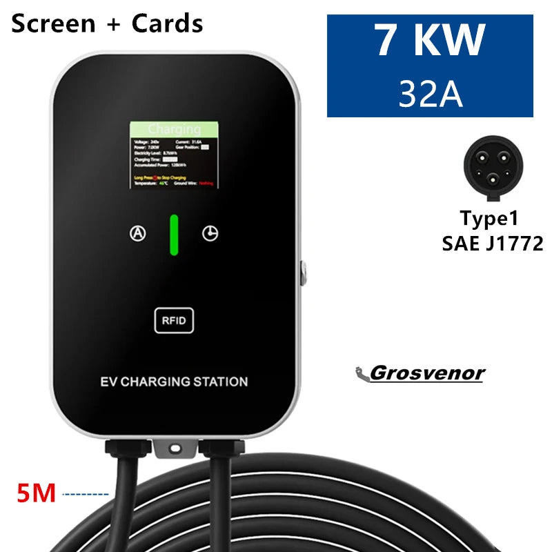 New 7KW Type2 Electric Vehicle Charger 32A EV Charging Station Type1 GBT EVSE Wallbox 1Phase EV Chargers with Screen Card