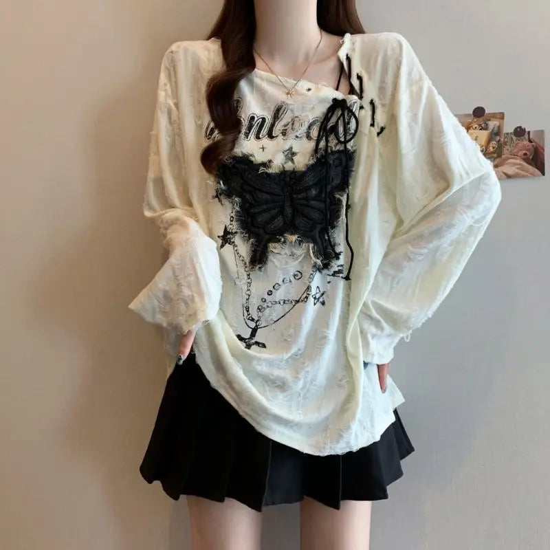 Large size women's clothing spring and autumn wrinkled hole design butterfly pattern drawstring irregular collar long sleeve top