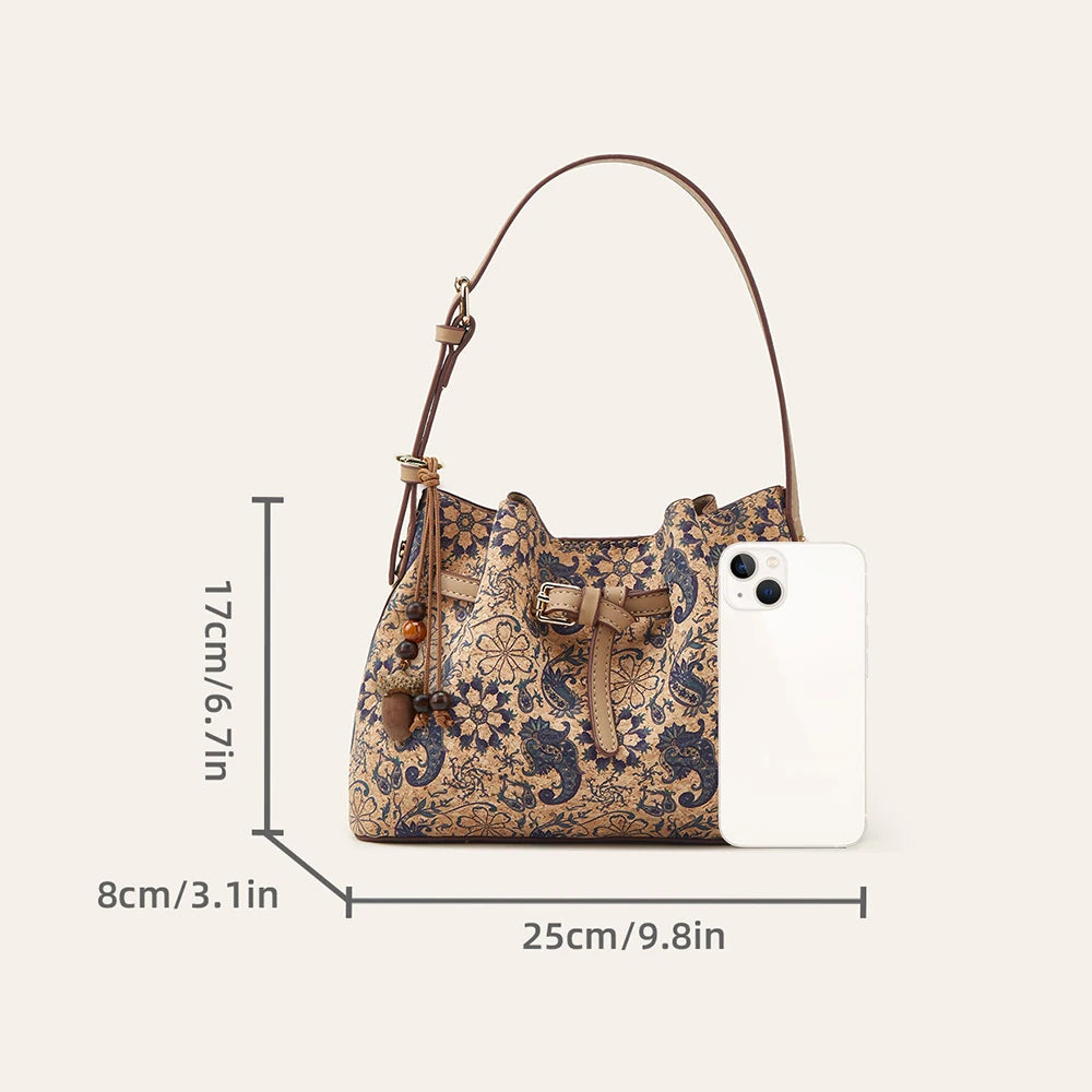 Crossbody Bags Cork Leather National Printing Large Capacity Drawstring Cross Shoulder Bag Mix Color