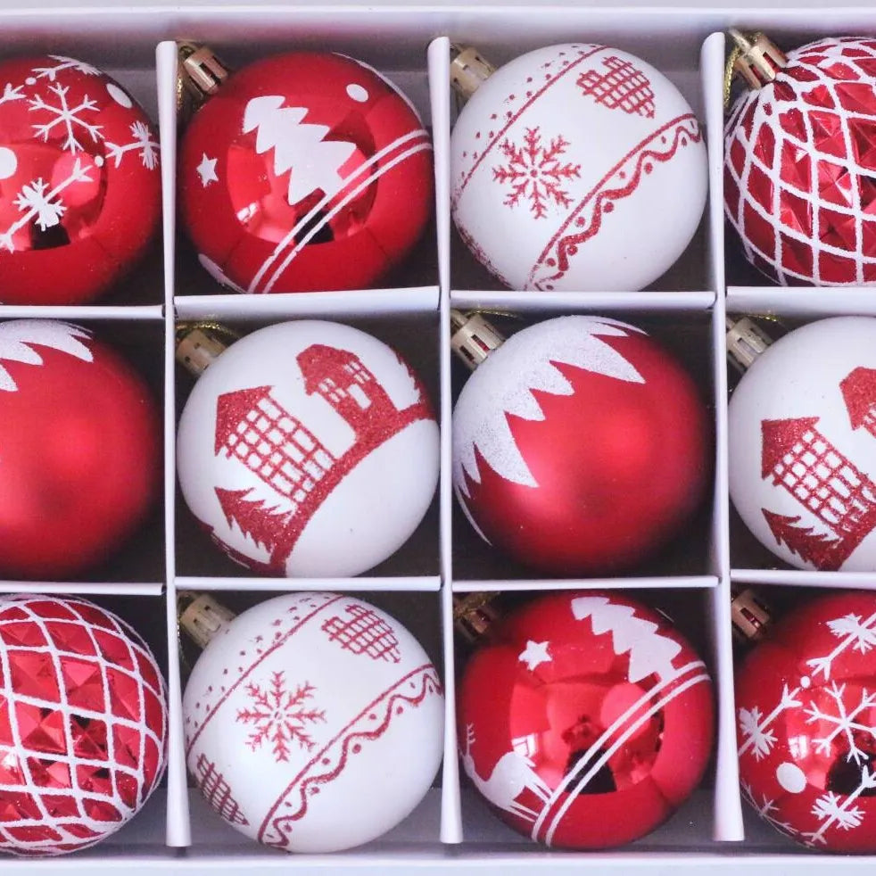 12pcs Red and White Christmas Balls Decorations, Mixed Shapes Plastic Christmas Ornaments, Holiday, Wedding and Party Supplies.