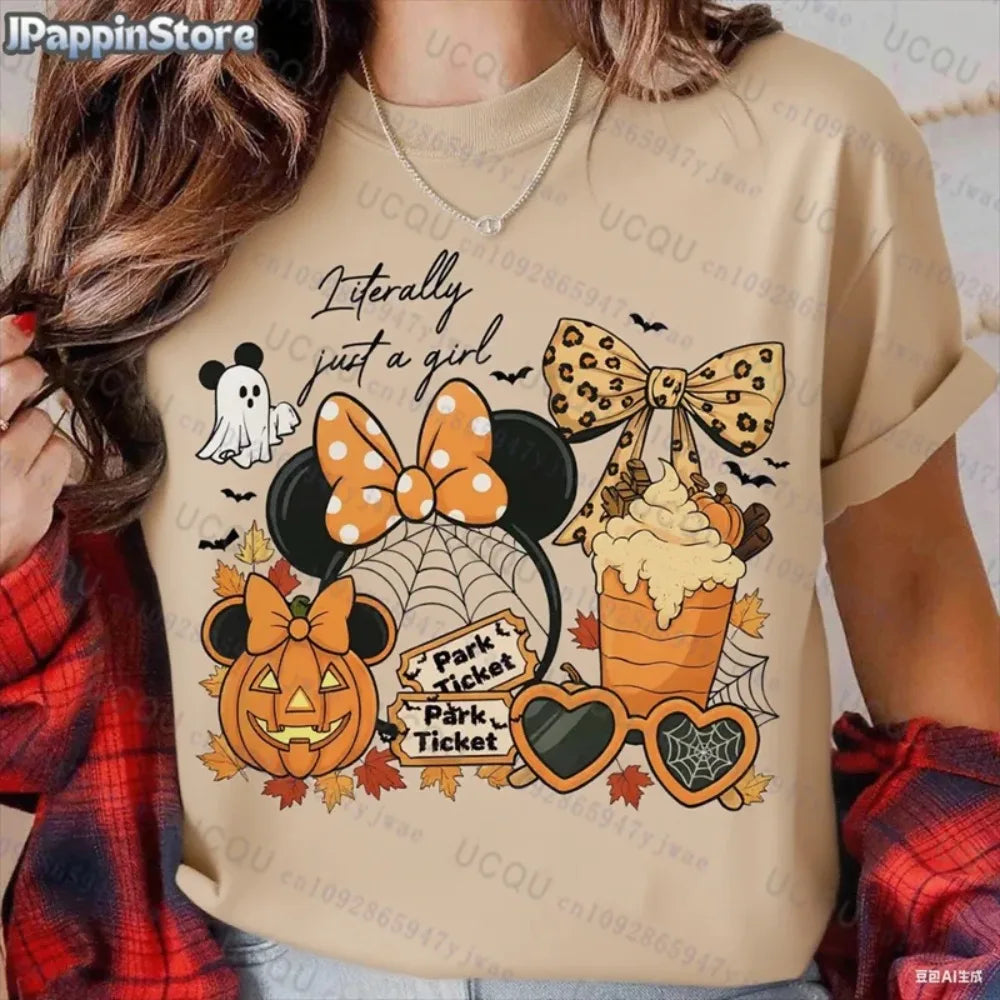 Pumpkin Mickey Halloween Short Sleeve Summer Sport Casual Women's Clothing Streetwear Classic Creative Pullover Y2K Streetwear