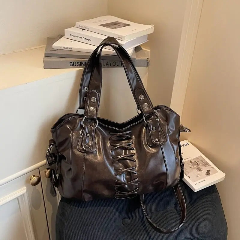Vintage American Y2k PU Leather Crisscross Straps Large-capacity Handbag Crossbody Bag Tote Bags Storage Bag Woman Bags