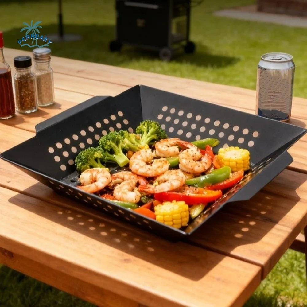 Grill Tool Heat Resistant Barbecue Grill Pan Non-Stick Coated with Drain Holes Grill Basket Cast Iron Square Grill Tray Picnic