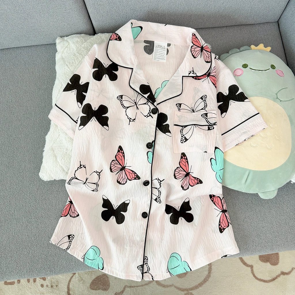 Women's Summer Pajamas, Thin Butterfly Pattern Short-Sleeved Shorts, Sweet and Cute, Can Be Worn Outside in Summer, Two-Piece Home Wear Set