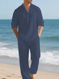 Men's Linen Solid Color Two Piece Set Casual Fashion Turn Down Collar Long Sleeve Shirt Loose Pants Outfit