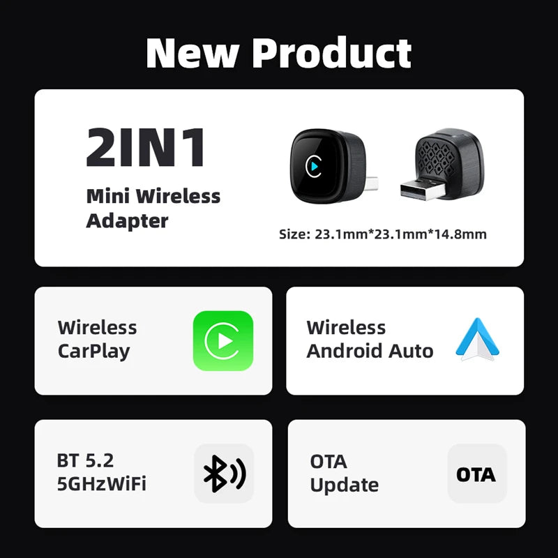 2 in 1 Wireless CarPlay Adapter Android Auto for Car 5G WiFi Plug Play Fast Connection Universal Fit for iPhone