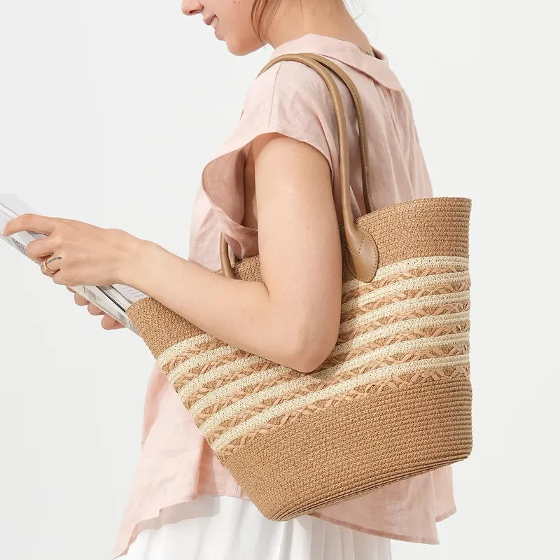 Striped Woven Straw Beach Tote Bag Large Capacity Nail Detail Shoulder Bag for Women Seaside Vacation Vegetable Basket