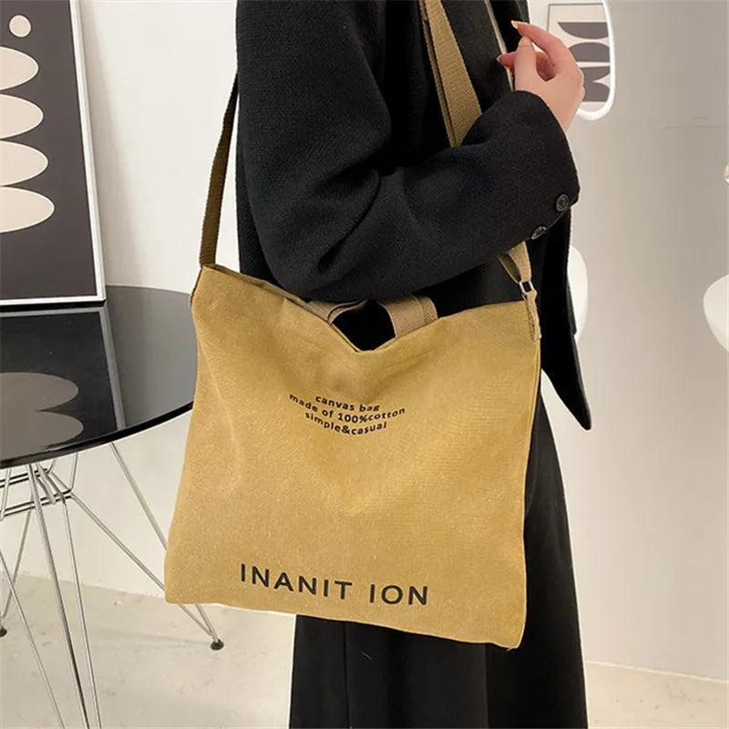 Retro Letter Print Tote Bag, Trendy Canvas Crossbody Bag, Literary Shoulder Bag For School Work Travel