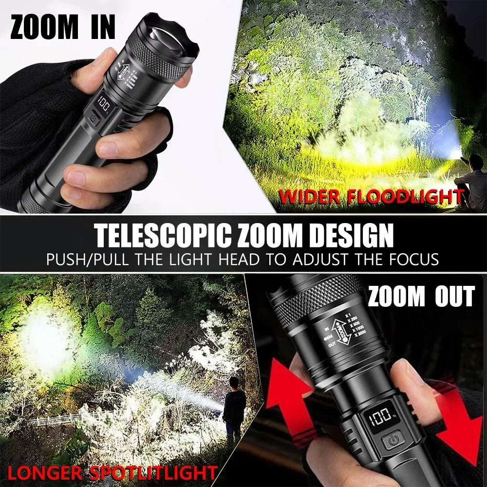 Super Bright Rechargeable LED Flashlight Zoom Torch with LCD Display 3 Modes Waterproof Handheld Light Outdoor Camping Lantern