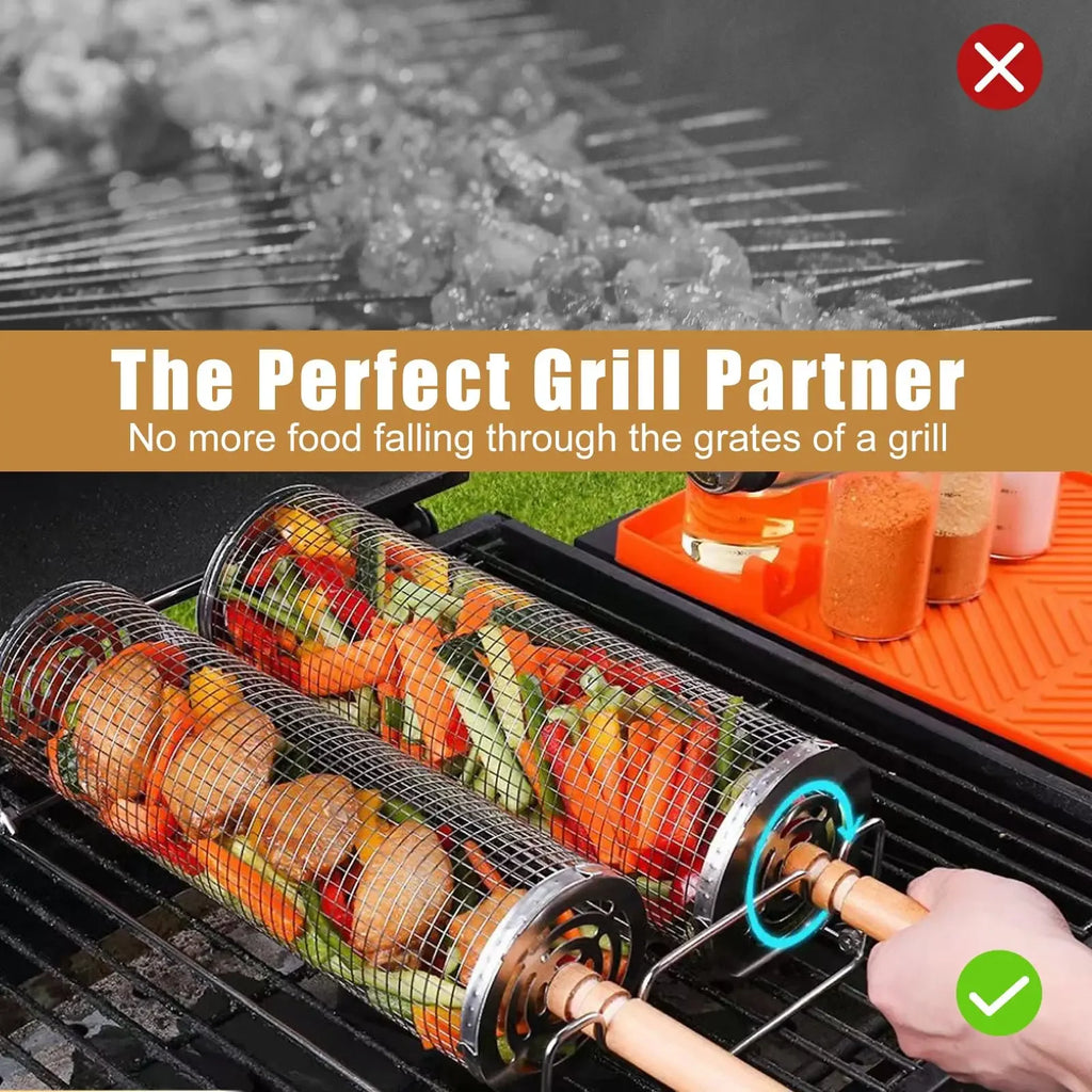 BBQ Rolling Grill Basket with Turn Handle Stainless Steel Reversible Outdoor Barbecue Camping Picnic Fish Grill Tool BBQ Grill
