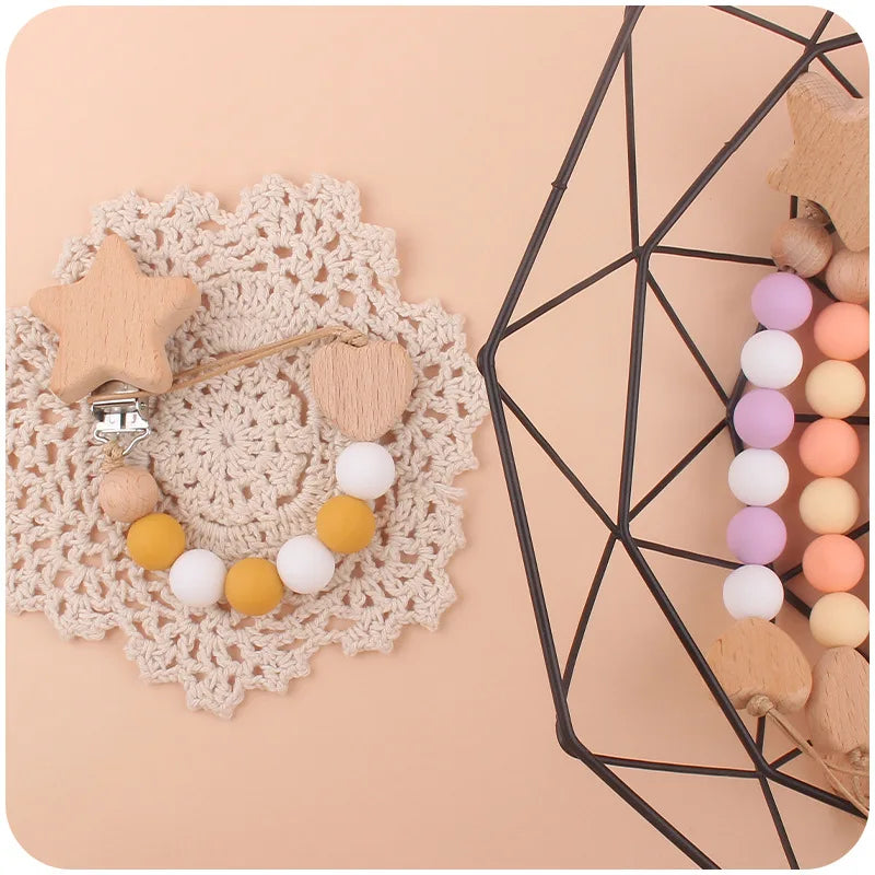 Baby Anti Drop Chain Beech Star Clips Toddles Soothing Teeth Silicone Beads Pacifier Chain Newborn Appease Infant Dummy Holder