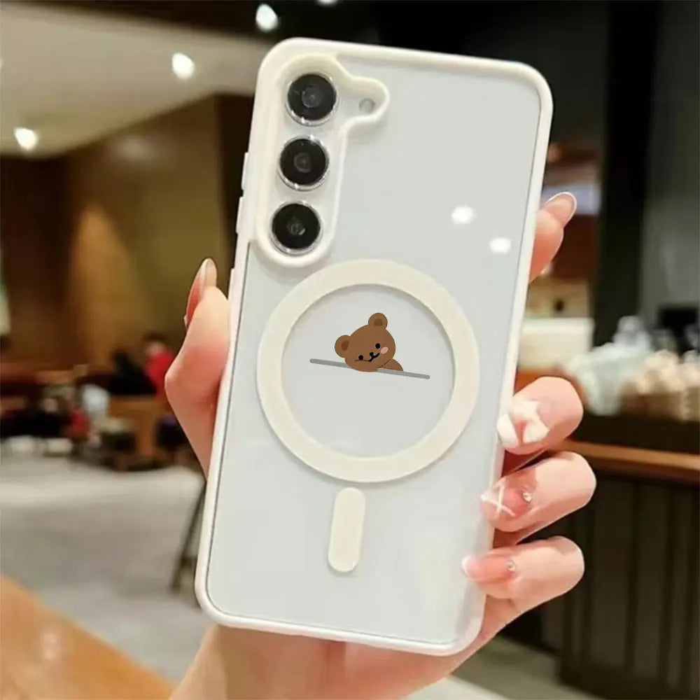 Cartoon Cute Bear Magnetic Wireless Charging Phone Case For Samsung Galaxy S26 S25 S24 S23 S22 Ultra Plus FE Soft Bumper Cover