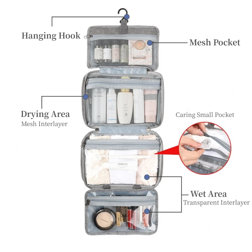 Large Capacity Travel Toiletries Bag with Hanging Hook Waterproof Bathroom Cosmetic Storage Bag Makeup Organizer Washbag