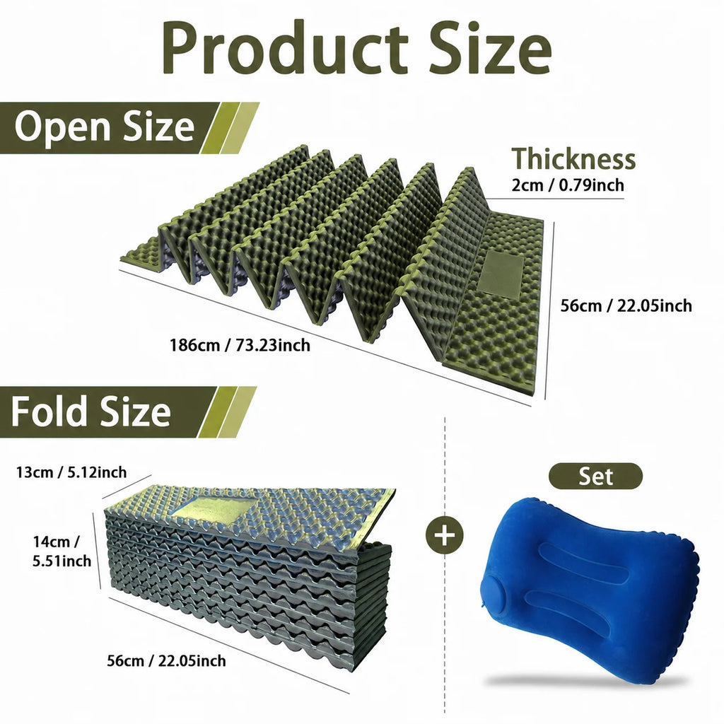 Camping Sleeping Pad with Inflatable Pillow 1Set Aluminum Foil IXPE Egg Crate Foldable Insulated Mat for Hiking Backpacking Tent