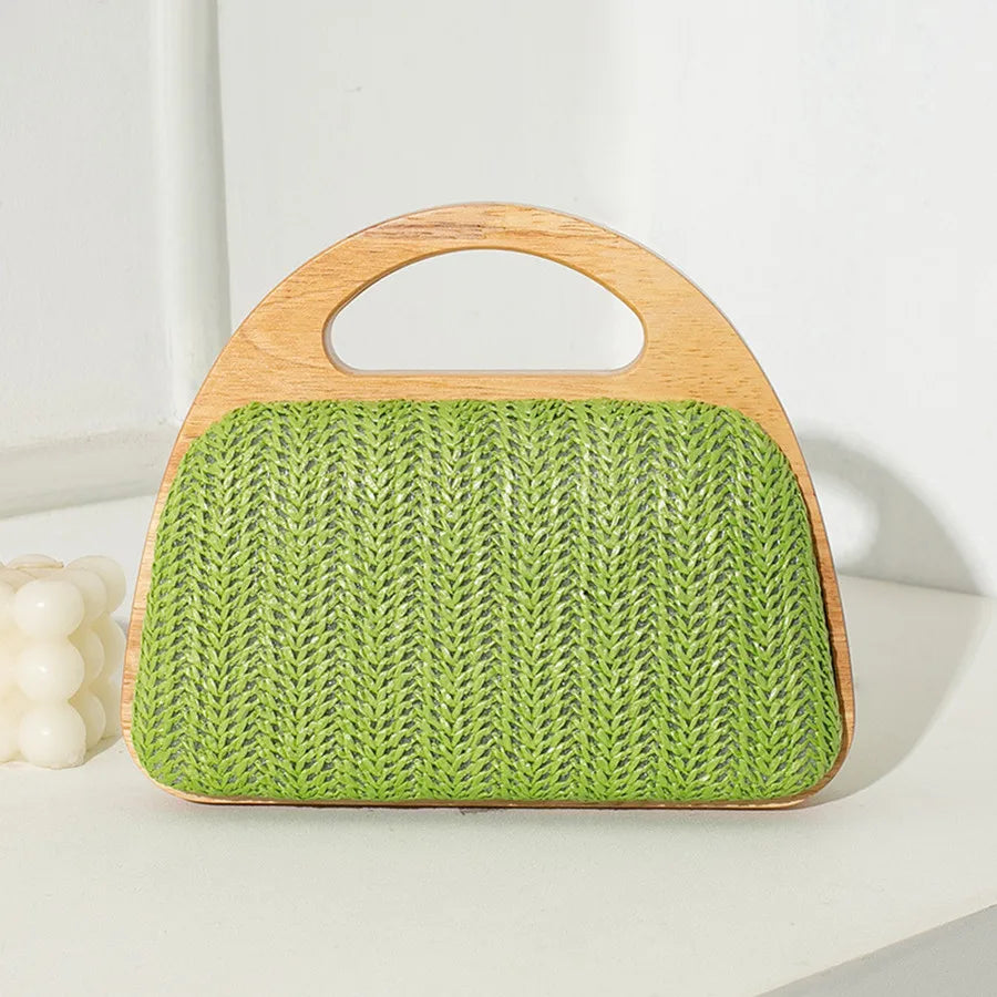 New Crescent Solid Wooden Handle Dinner Bag Summer Straw Woven Handbag Chain Shoulder Crossbody Bag Travel Beach Shopper Purses